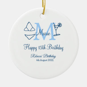 Happy 15th Birthday blue add name monogram bikini Ceramic Ornament
