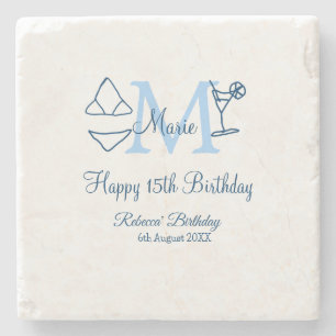 Happy 15th Birthday blue add name monogram bikini Stone Coaster
