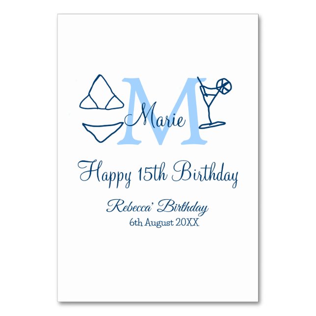 Happy 15th Birthday blue add name monogram bikini Table Number (Front)