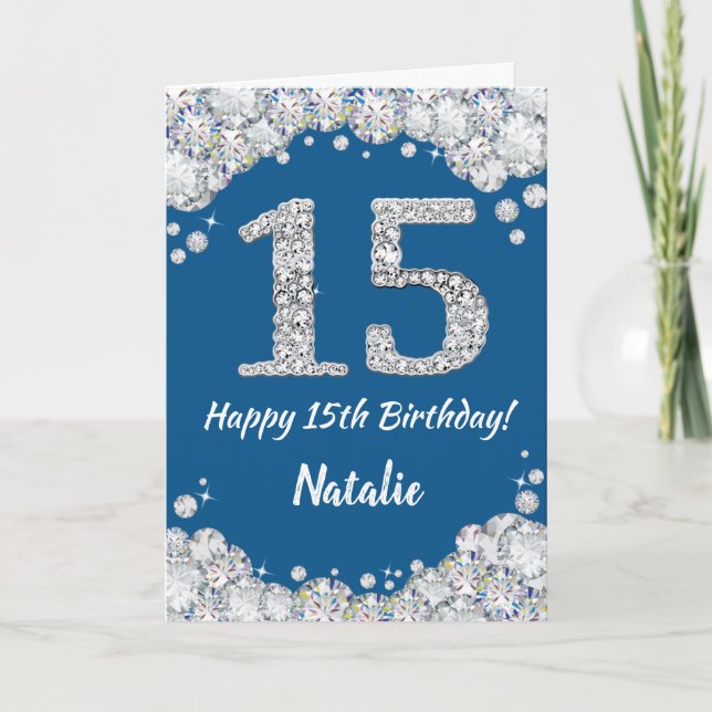 Happy 15th Birthday Blue and Silver Glitter Card (Front)