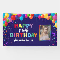 Happy 15th Birthday Colorful Balloons Navy Blue