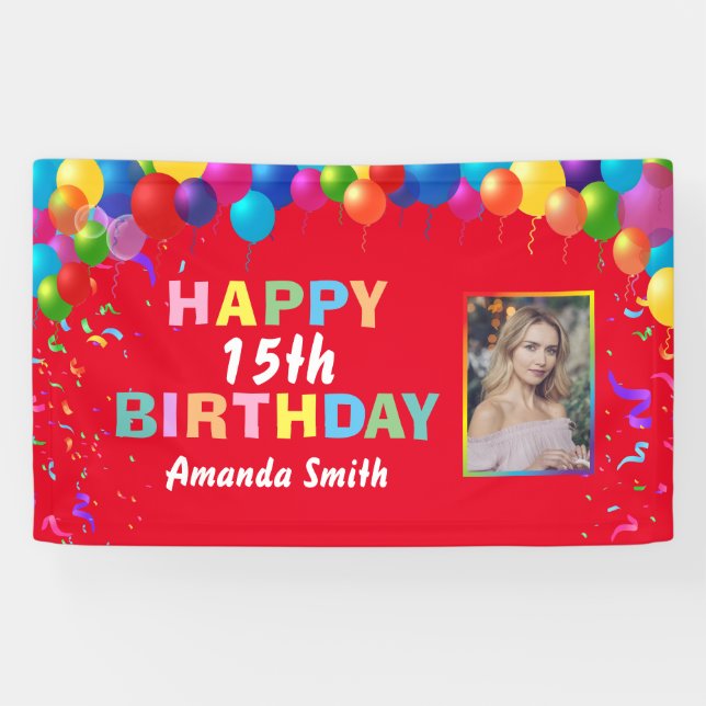 Happy 15th Birthday Colourful Balloons Red Banner (Horizontal)