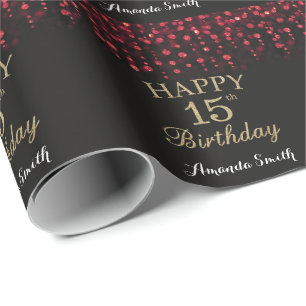 Happy 15th Birthday Red Black and Gold Glitter Wrapping Paper