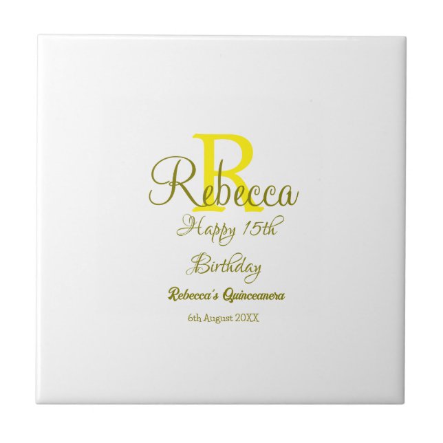 Happy 15th Birthday yellow add name monogram moder Ceramic Tile (Front)