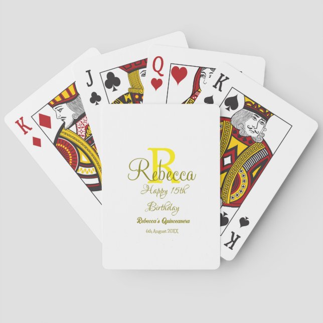 Happy 15th Birthday yellow add name monogram moder Playing Cards (Back)