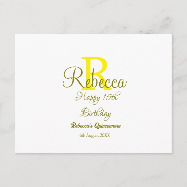 Happy 15th Birthday yellow add name monogram moder Postcard (Front)