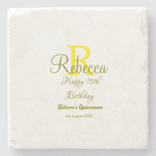 Happy 15th Birthday yellow add name monogram moder Stone Coaster
