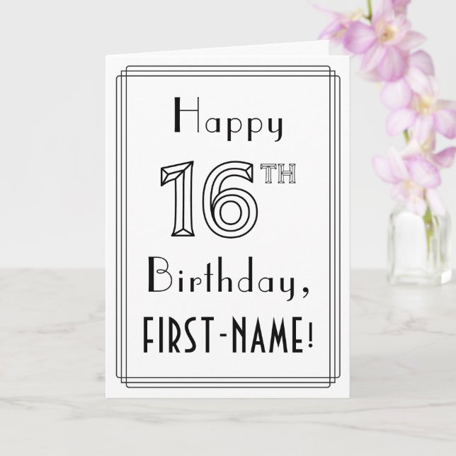 Happy 16th Birthday, Art Deco Style w/ Custom Name Card (Orchid)
