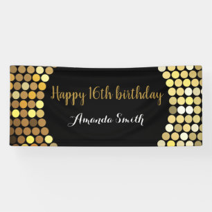 Happy 16th Birthday Banner Black and Gold Glitter