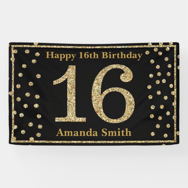 Happy 16th Birthday Banner Black and Gold Glitter (Horizontal)