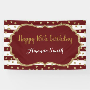 Happy 16th Birthday Banner Burgundy Gold Glitter
