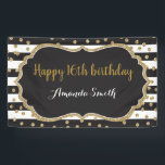 Happy 16th Birthday Banner. Gold Glitter Confetti Banner<br><div class="desc">Happy 16th Birthday Banner for women or man. Black and Gold Birthday Party Banner. Gold Glitter Confetti. Black and White Stripes. Printable Digital. For further customisation,  please click the "Customise it" button and use our design tool to modify this template.</div>