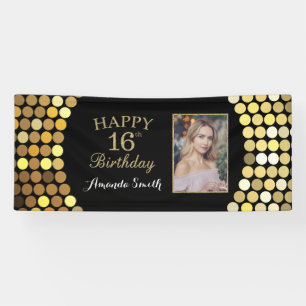 Happy 16th Birthday Banner. Gold Glitter Photo Banner