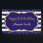 Happy 16th Birthday Banner Navy Blue Gold Glitter<br><div class="desc">Happy 16th Birthday Banner for women or man. Navy Blue and Gold Birthday Party Banner. Gold Glitter Confetti. Black and White Stripes. Printable Digital. For further customisation,  please click the "Customise it" button and use our design tool to modify this template.</div>