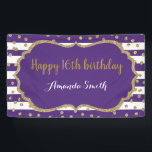 Happy 16th Birthday Banner Purple and Gold Glitter<br><div class="desc">Happy 16th Birthday Banner for women or man. Purple and Gold Birthday Party Banner. Gold Glitter Confetti. Black and White Stripes. Printable Digital. For further customization,  please click the "Customize it" button and use our design tool to modify this template.</div>