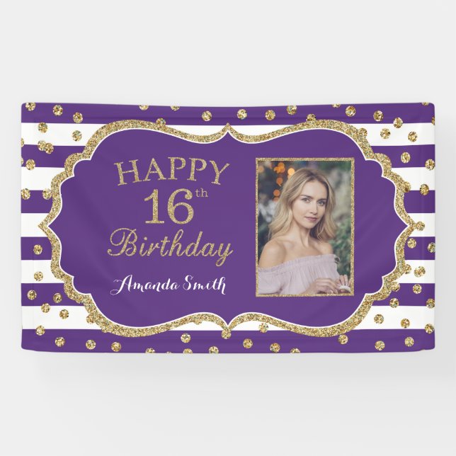 Happy 16th Birthday Banner Purple Gold Photo (Horizontal)