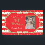 Happy 16th Birthday Banner Red Gold Glitter Photo<br><div class="desc">Happy 16th Birthday Banner for women or man. Red and Gold Glitter Birthday Party Banner. Gold Glitter Confetti. Red and White Stripes. Printable Digital. For further customisation,  please click the "Customise it" button and use our design tool to modify this template.</div>