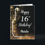 Happy 16th Birthday Black and Gold Glitter Wine Card<br><div class="desc">Happy 16th Birthday Black and Gold Glitter Wine Card with personalised name. For further customisation,  please click the "Customise it" button and use our design tool to modify this template.</div>
