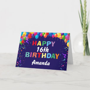 Happy 16th Birthday Colorful Balloons Navy Blue Card
