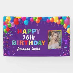 Happy 16th Birthday Colourful Balloons Purple Banner