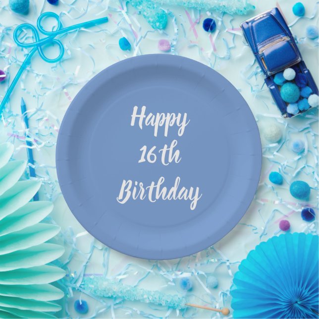 Happy 16th Birthday Cornflower Blue Custom Cute Paper Plate (Party)