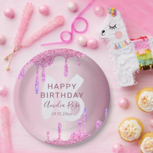 Happy 16th Birthday Glitter Drips Pink Metallic Paper Plate