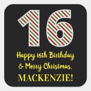 Happy 16th Birthday & Merry Christmas, Custom Name Square Sticker