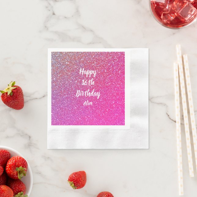 Happy 16th Birthday Name Pink Rose Gold Glitter Napkin (Insitu)