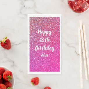 Happy 16th Birthday Name Pink Rose Gold Glitter  Napkin