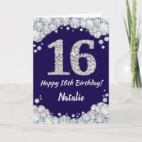Happy 16th Birthday Navy Blue and Silver Glitter