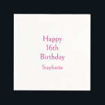Happy 16th Birthday Party Pink Classy Sixteenth Napkin<br><div class="desc">Designed with text template for "Happy 16th Birthday" message and name which you can customise! You may also change the background colour as you like.</div>