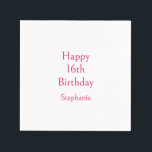 Happy 16th Birthday Party Pink Classy Sixteenth Napkin<br><div class="desc">Designed with text template for "Happy 16th Birthday" message and name which you can customise! You may also change the background colour as you like.</div>