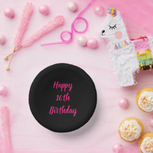 Happy 16th Birthday Pink Black Custom Color Text Paper Plate