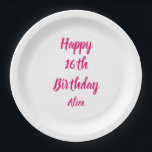Happy 16th Birthday Pink White Custom Name Girly Paper Plate<br><div class="desc">Designed with text template for "Happy 16th Birthday" message and name which you can customise! You may also change the background colour as you like.</div>