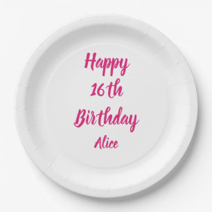 Happy 16th Birthday Pink White Custom Name Girly Paper Plate
