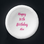 Happy 16th Birthday Pink White Custom Name Girly Paper Plate<br><div class="desc">Designed with text template for "Happy 16th Birthday" message and name which you can customise! You may also change the background colour as you like.</div>