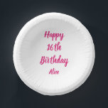 Happy 16th Birthday Pink White Custom Name Girly Paper Plate<br><div class="desc">Designed with text template for "Happy 16th Birthday" message and name which you can customise! You may also change the background colour as you like.</div>