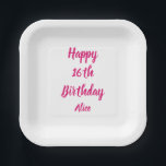 Happy 16th Birthday Pink White Custom Name Girly Paper Plate<br><div class="desc">Designed with text template for "Happy 16th Birthday" message and name which you can customise! You may also change the background colour as you like.</div>