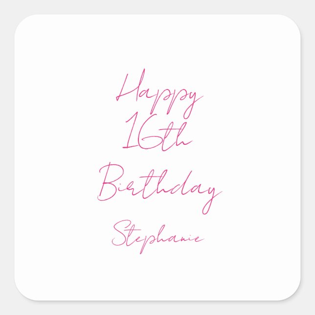 Happy 16th Birthday Pink White Sixteenth 2024 Square Sticker (Front)