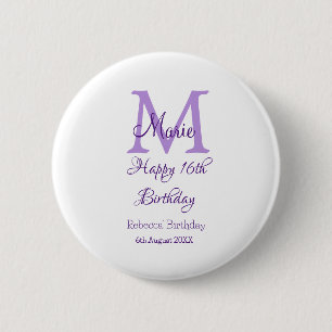 Happy 16th Birthday purple add name monogram moder 6 Cm Round Badge