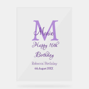 Happy 16th Birthday purple add name monogram moder Acrylic Sign