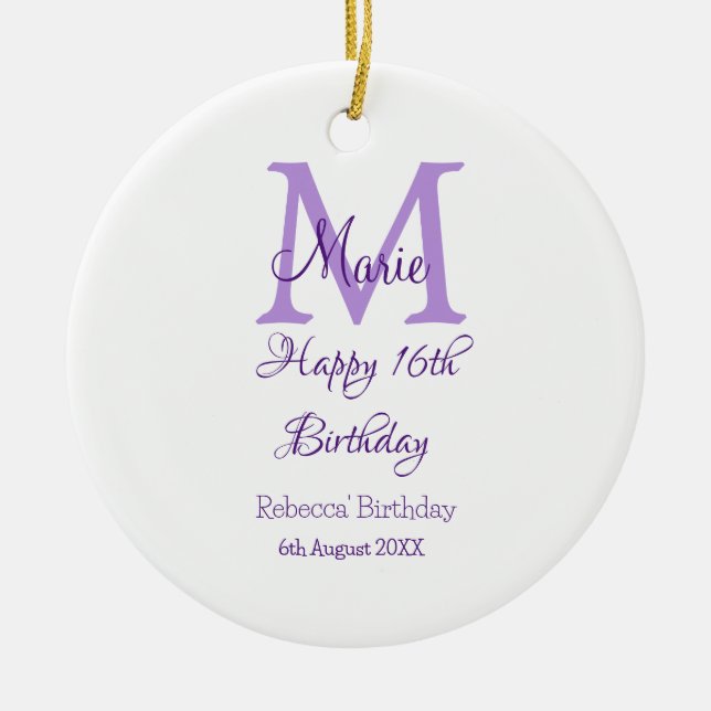 Happy 16th Birthday purple add name monogram moder Ceramic Ornament (Front)