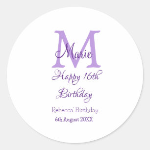 Happy 16th Birthday purple add name monogram moder Classic Round Sticker