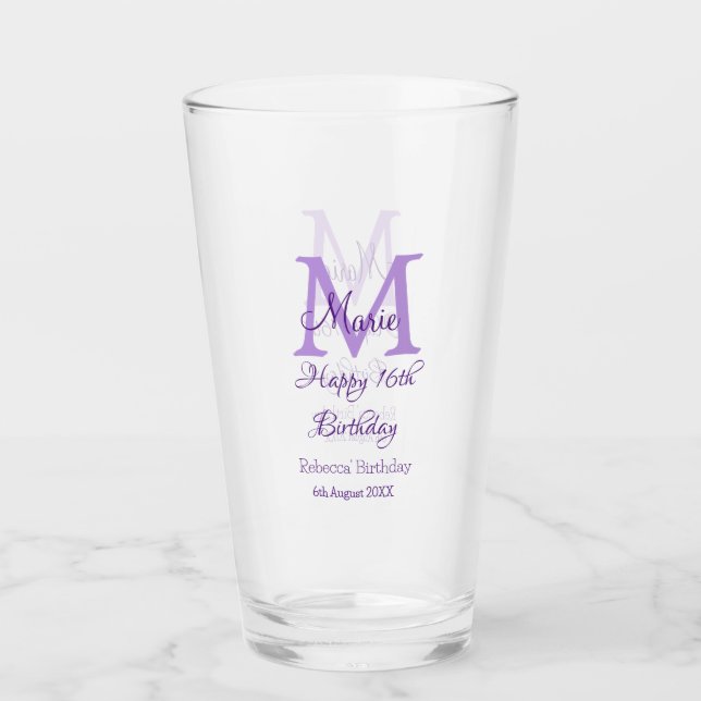 Happy 16th Birthday purple add name monogram moder Glass (Front)