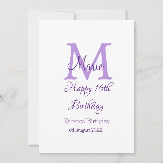 Happy 16th Birthday purple add name monogram moder Invitation (Front)