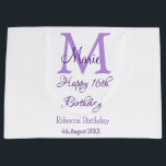 Happy 16th Birthday purple add name monogram moder Large Gift Bag<br><div class="desc">beautiful design</div>