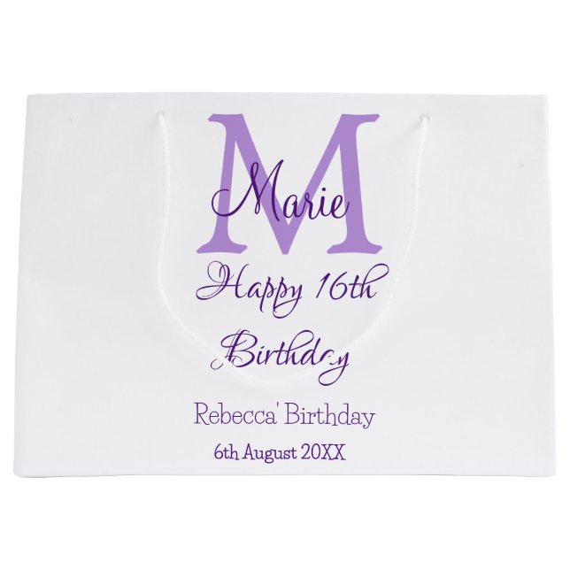 Happy 16th Birthday purple add name monogram moder Large Gift Bag (Front)