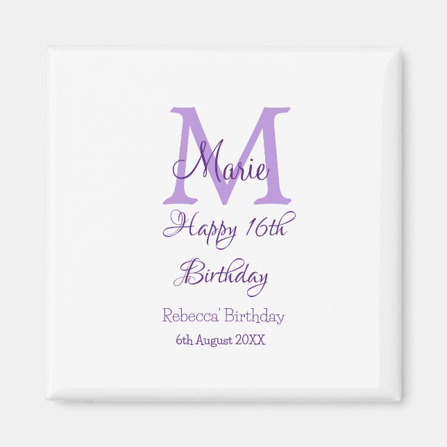 Happy 16th Birthday purple add name monogram moder Magnet (Front)