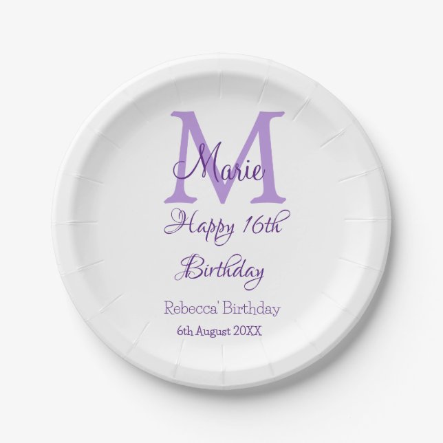 Happy 16th Birthday purple add name monogram moder Paper Plate (Front)