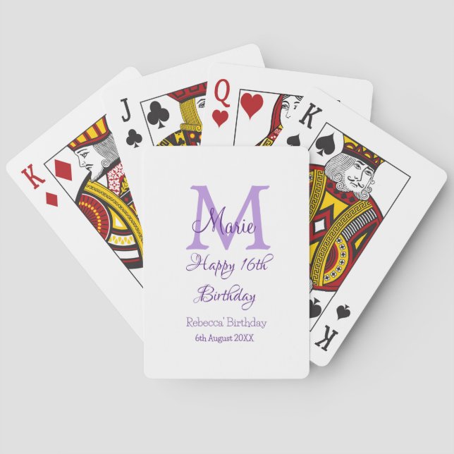 Happy 16th Birthday purple add name monogram moder Playing Cards (Back)